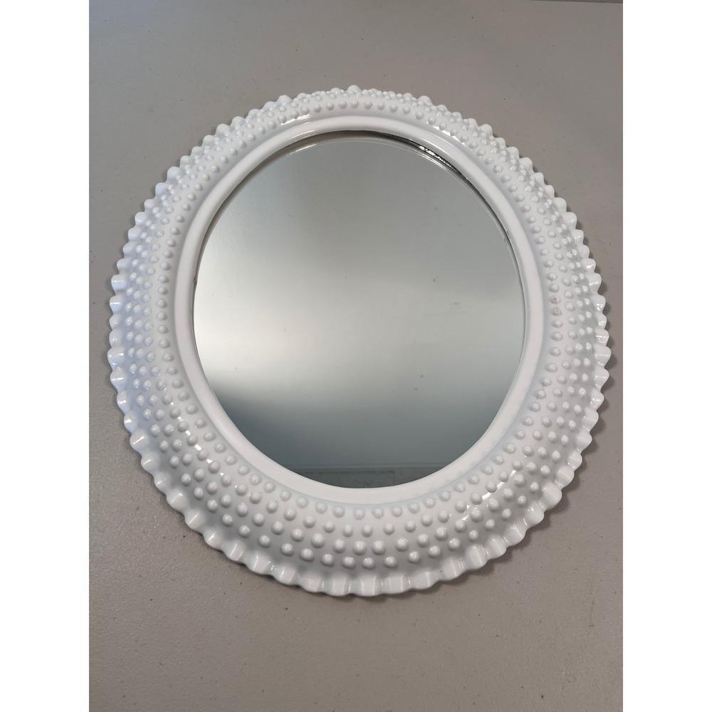 Vintage White Hobnail Milk Glass Style Oval Wall Mirror Ruffled Edge 18.5x14.5